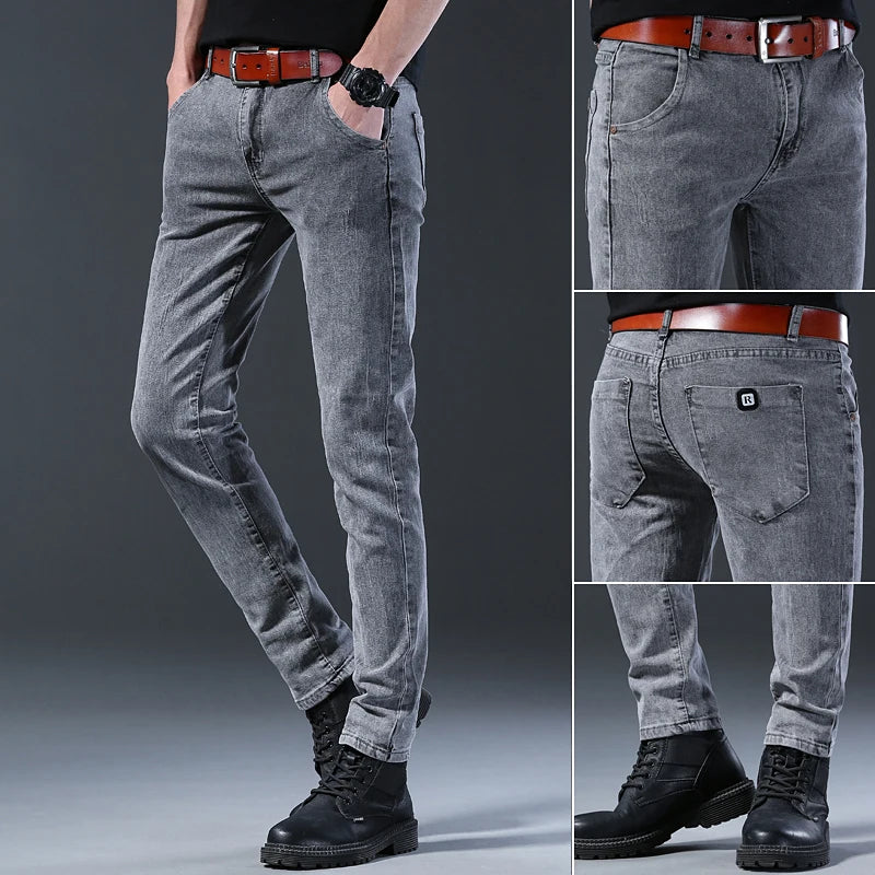 New style jeans, men's slim fit, Korean style comfortable straight leg elastic gray mid waist pants, men's casual denim pants.