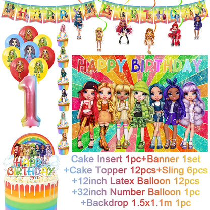 Cartoon Regenbogen Puppe High School Thema Hintergrund Geburtstag Party Dekoration Lieferungen Einweg Tasse Besteck Ballon Baby Geschenk
