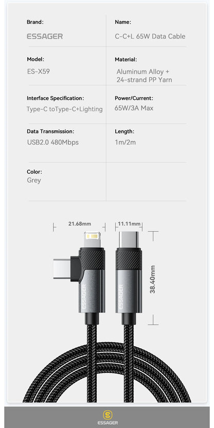 Essager 2-in-1 Right Angle Cable PD 65W 29W Fast Charging Elbow Data Cable For iPhone 15 14 13 MacBook Lenovo Asus Dell iPad Pro.