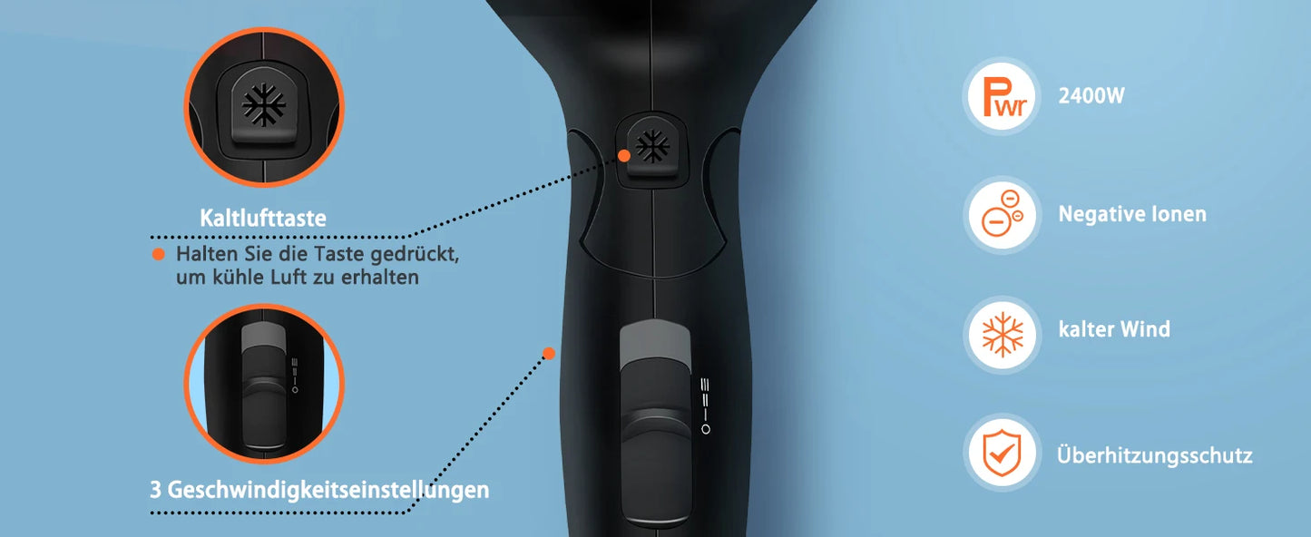 Aigostar Ionic Hair Dryer, Travel Hair Dryer with Foldable Handle, 2 Speeds and 3 Temperature Settings, 2400 W