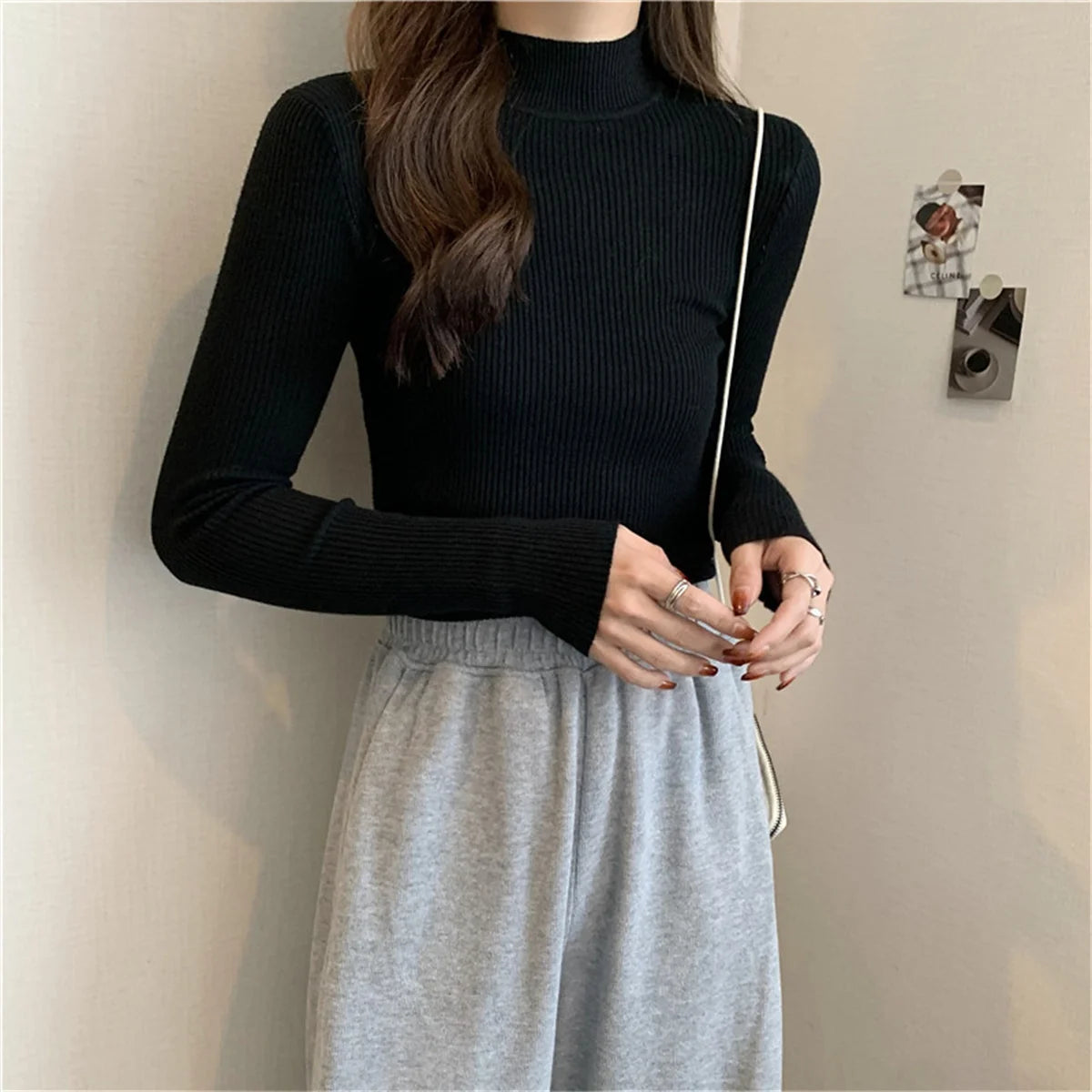 Mode Mock Neck Gestrickte Pullover Frauen Herbst Winter Neue Feste Vintage Grundlegende Tops Koreanische Dünne Rippen Pullover Casual Innere Top.