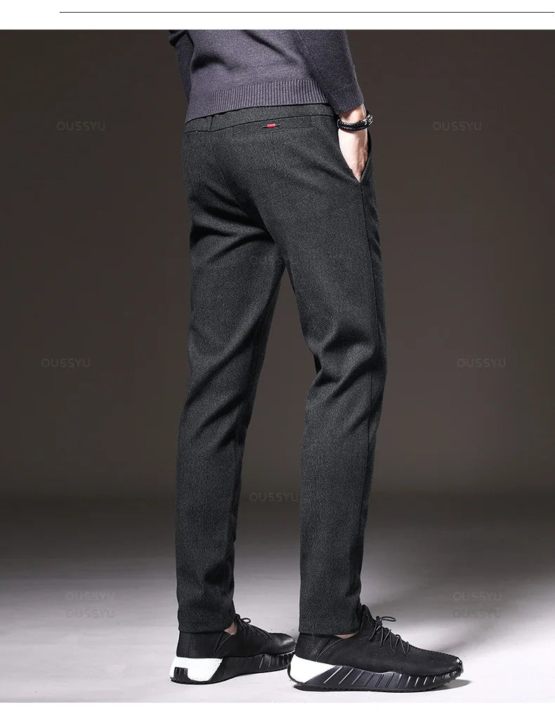 Autumn Winter Men's Brushed Fabric Casual Pants Business Fashion Slim Fit Stretch Thick Gray Blue Black Cotton Trousers Male.