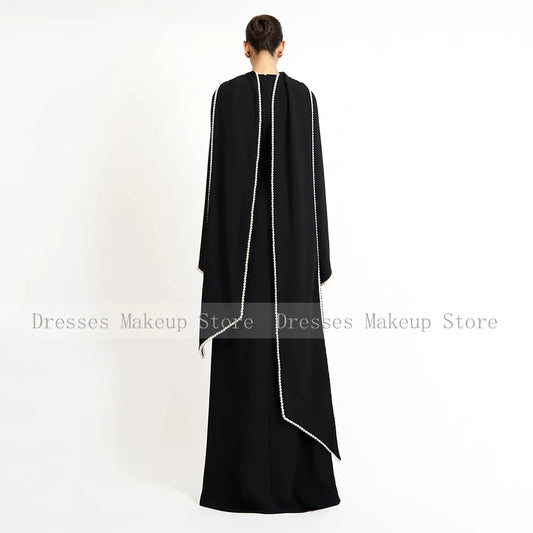 Elegantes Hochzeitskleid, schwarz, A-Linie, Perlen, lange Ärmel, O-Ausschnitt, Abendkleider, langer Schal, saudi-arabisches formelles Abendkleid.