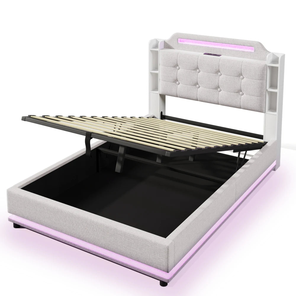 140*200cm Polsterbett mit LED-Lichtleiste und mehreren Ablagefächern, für Schlafzimmerwäsche, Beige (ohne Matratze)