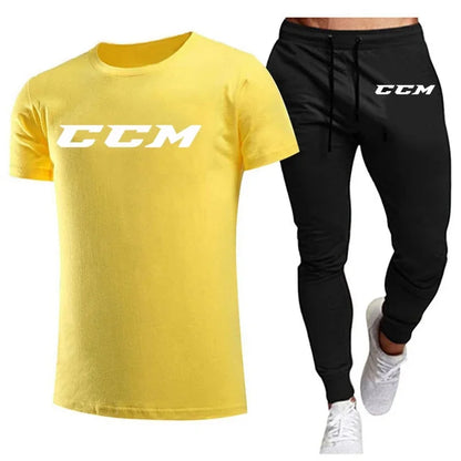 CCM New Men's Tracksuits summer men's sets fitness wear short-sleeved T-shirts+trousers set cotton brand Men's clothing.