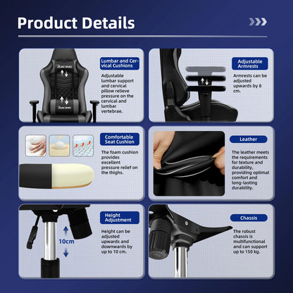 AUTHMIC Ergonomischer Gaming-Stuhl, Büro-Liegestuhl mit Lordosenstütze, verstellbare Armlehne, 150 kg Belastung für Heimarbeit, Gamer-Setup