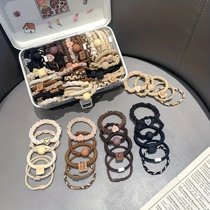 25Pcs Boho Chic Women's Hair Ties Set Cute Heart Charm & Bead Elastic Headbands Perfect for Ponytails and Workout Bohemian Style.