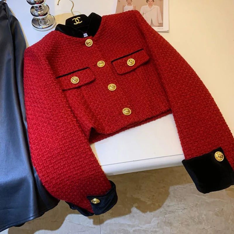 Mode Nähen Tweed Kurze Jacke Frauen Herbst Winter Elegante Büro Dame Mantel Y2K Koreanische O Neck Einreiher Crop Outwear.