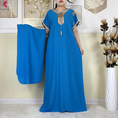 2025 Muslim Caftan Short Sleeve Dress Solid Cotton Summer Abaya African Traditional Dresses Islam for Women Casual Clothing