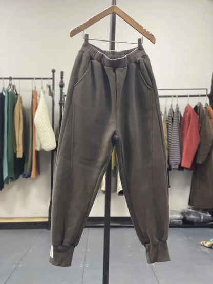 Autumn/Winter 150kg American Retro Cuffed Casual Trousers Men's Korean Slimming Patchwork Fleece-lined Harem Trousers Sweatpants.