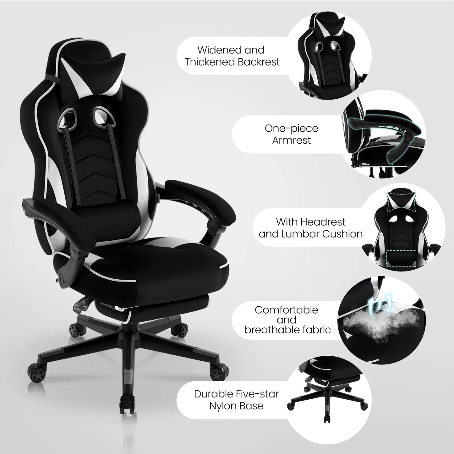 WOLTU Drehbarer Gaming-Rennstuhl, Schreibtisch, Büro, Computerstuhl, Sportsitz mit Kopfstütze, Lendenkissen, Fußstütze, Gamer-Stuhl