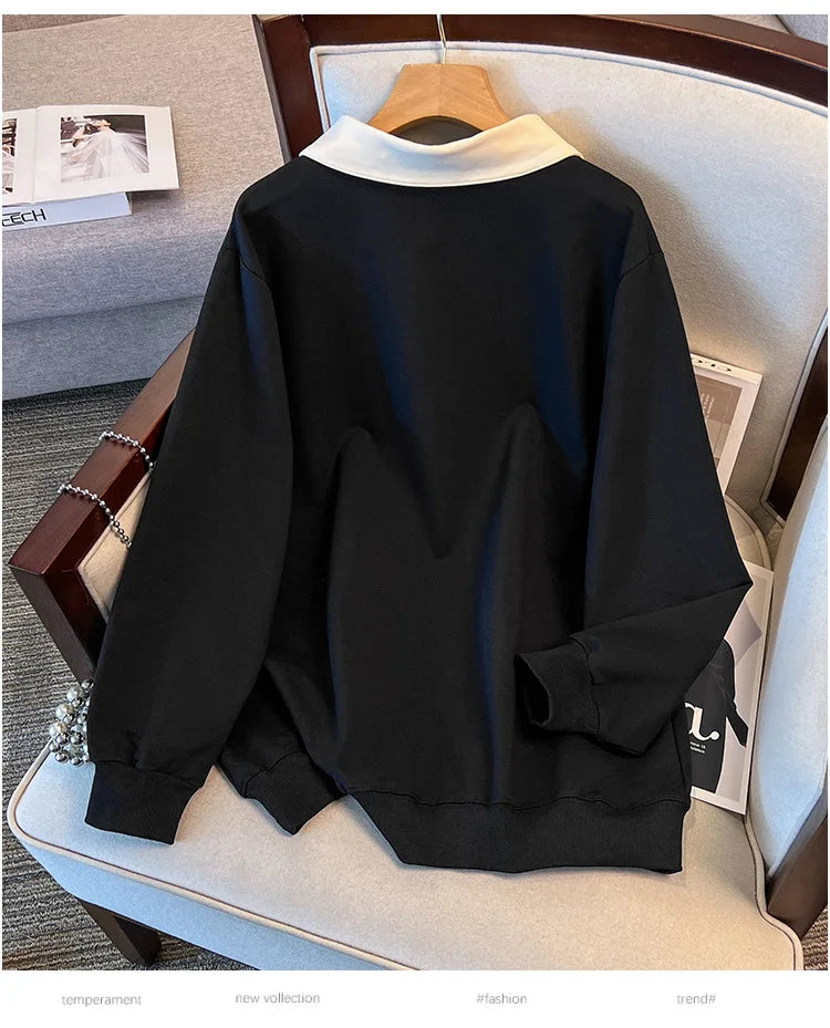 175kg plus size Damen büste Frühling Herbst lose Kragen bedruckt Langarm Sweatshirt schwarz rosa 4xl 5xl 6xl 7xl 8xl 9xl