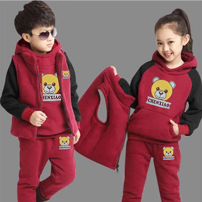 2024 Boys Padded Warm Set Children's Hooded Cartoon Solid Colour 3 Pcs Autumn Winter New Girls Sweatshirt Cute Casual Suit 4-12Y