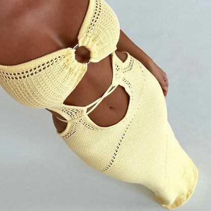 Damen ärmelloses Strick langes Kleid einfarbig Neck holder vorne Ausschnitt hinten Krawatte schlankes Kleid Sommer Strand Freizeit kleid.