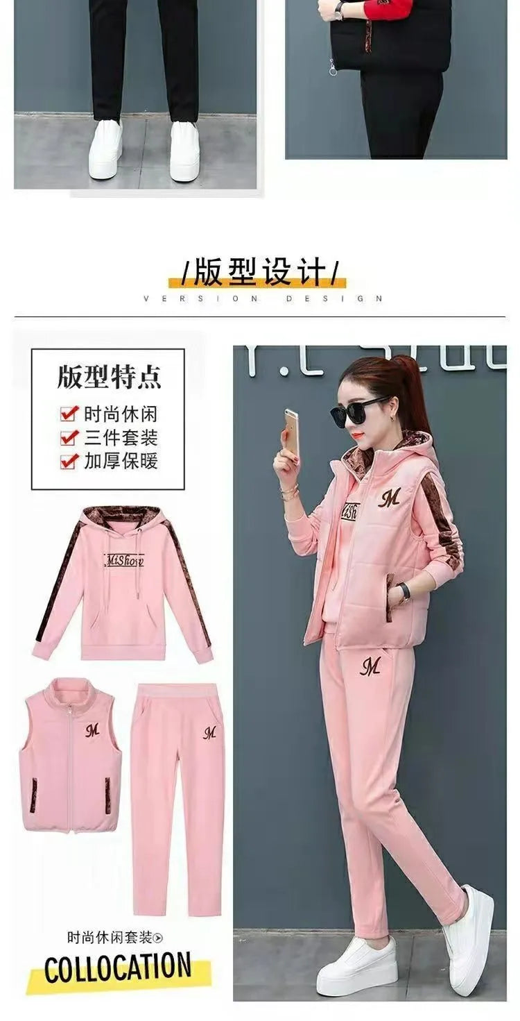 Winter 3 Pcs/Set Women Waistcoat Top Pants Set Letter Embroidery Ladies Winter Tracksuit Color Block Three-piece Sweatpants Set.