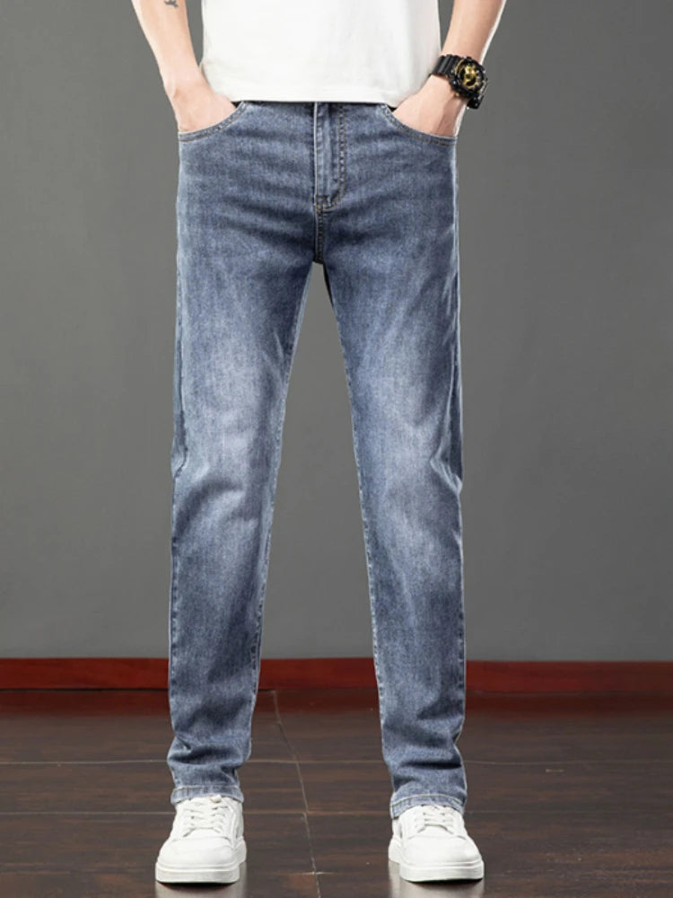 Spring Summer Thin Slim Fit Jeans Mens Elastic Straight Casual Business Denim Pants Washed Classic Brand Clothing Men Trousers