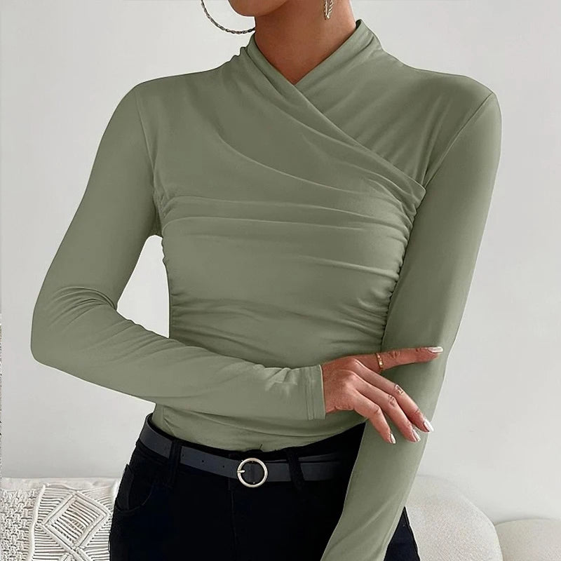 Sexy Elegant Fall Winter Long Sleeve Cross Pleated Pullover Women's Modal Solid Color Irregular Tops Street Daily Versatile Tees.