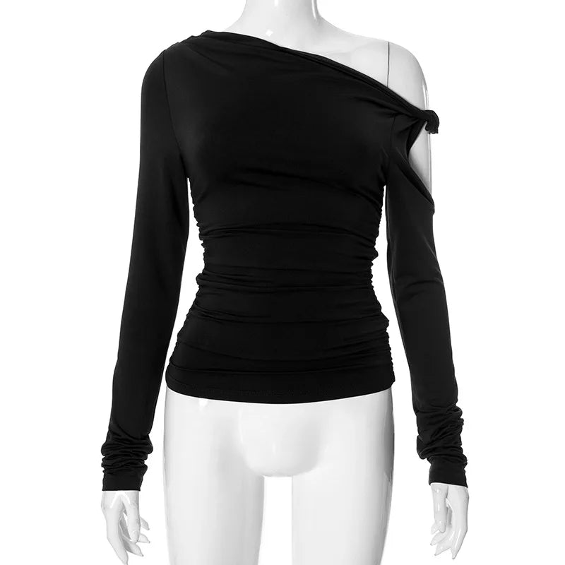 European and American Women's Autumn New Solid One-shoulder Tilted Collar Pleated Asymmetrical Sexy Long-sleeved Top for Women.