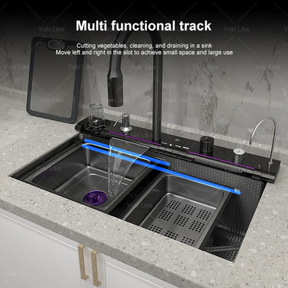 Neue Wasserfall Küchen spüle Edelstahl Multifunktion große Einzels chlitz integrierte Digital anzeige Waschbecken