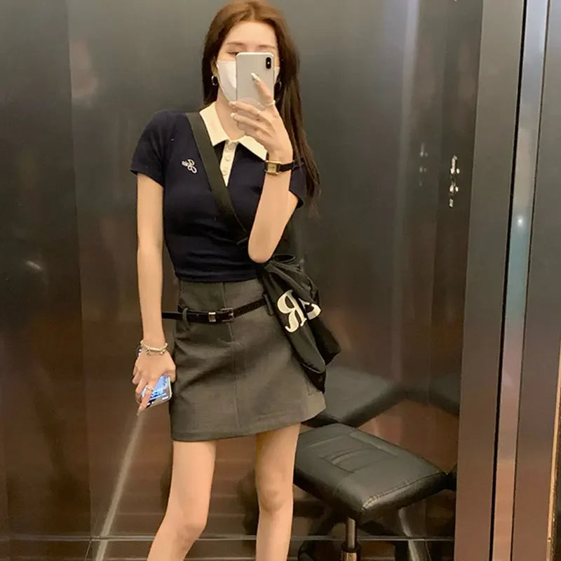 Slim Fit Short Sleeve Polo Neck T-Shirt Women's Sweet And Spicy Design Sensation Small Audience AE Stockpile Brand.