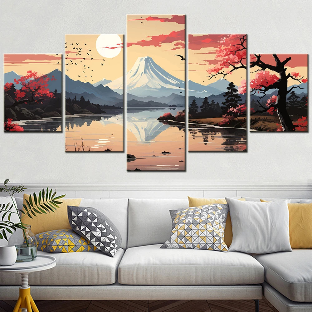 5 Pieces HD Printed Wall Art Canvas Poster Vector Illustration of Japan Landscape Painting Abstract Home Deocration Picture.