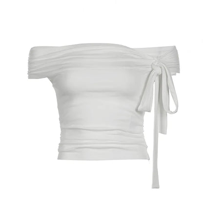 Gentle Style Asymmetric Knotted Straps with One Shoulder Solid Color Top Pleated Waist and Slim and Versatile Short Sleeves.