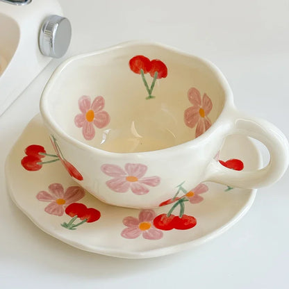Flower Pattern Ceramic Cup Korean Style Saucer Set Hand Pinched Irregular Coffee Milk Cup Afternoon Tea Tableware Gifts for Home.