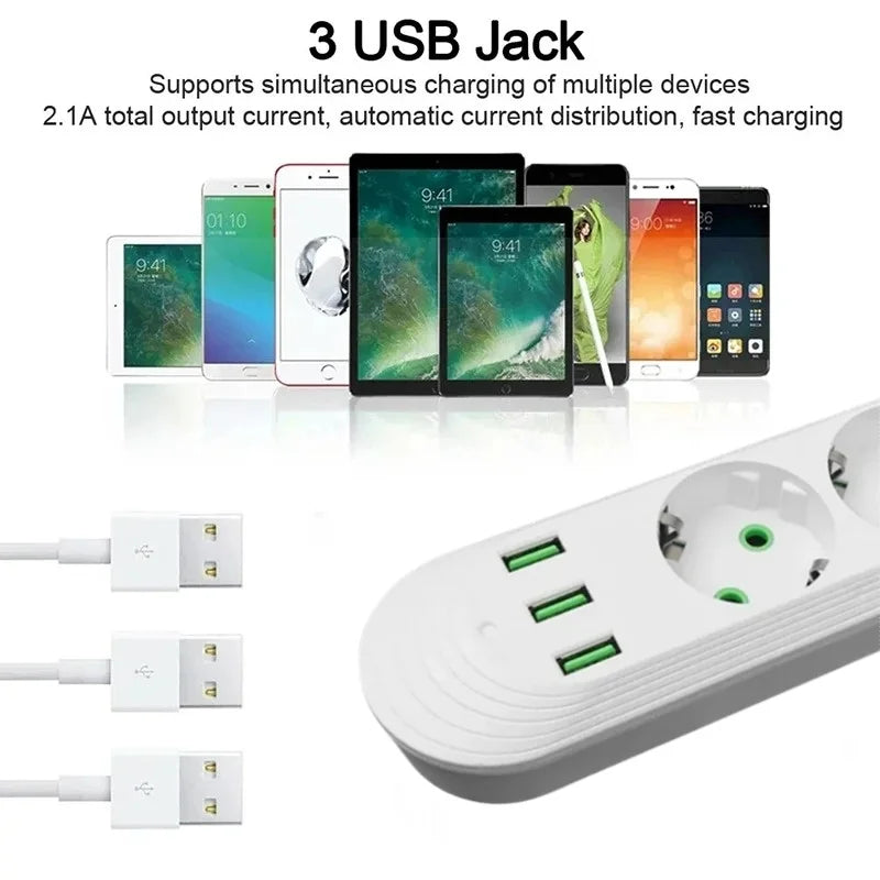 EU-Stecker, 2500 W, Steckdosenleiste mit 3 USB-Anschlüssen, Verlängerungskabel, Steckdose, Verlängerungskabel, runder Stift, AC-Steckdose, elektrischer Ladeadapter.