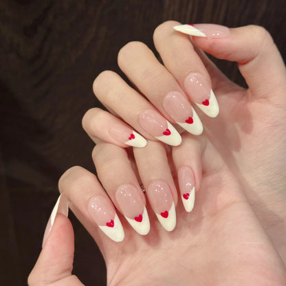 10pcs White Edge French Style Press On Nails Simple Red Love Heart Designs Handmade False Nails Sweet Almond Fake Nail For Girls.