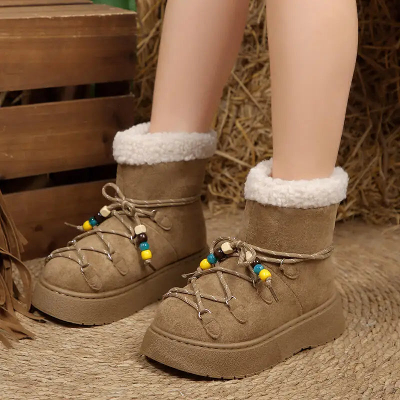 Chunky Platform Non Slip Furry Snow Boots Women 2025 Winter Soft Thick Bottom Warm Plush Ankle Boots Colorful Bead Lace Up Shoes.