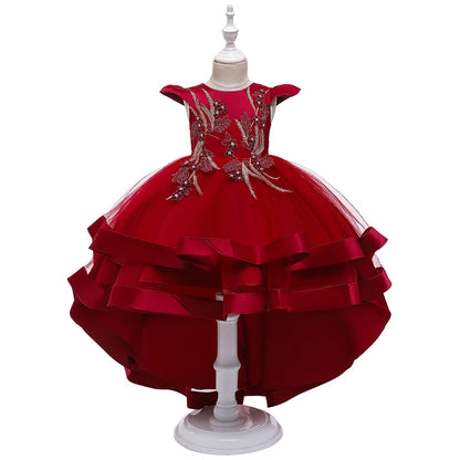 5018 rotes Mädchen-Prinzessinnenkleid mit bestickten Perlen für 3 bis 12 Jahre Mädchen-Schwanz-Partykleid für Kinder, Schulperformance-Kostüme.