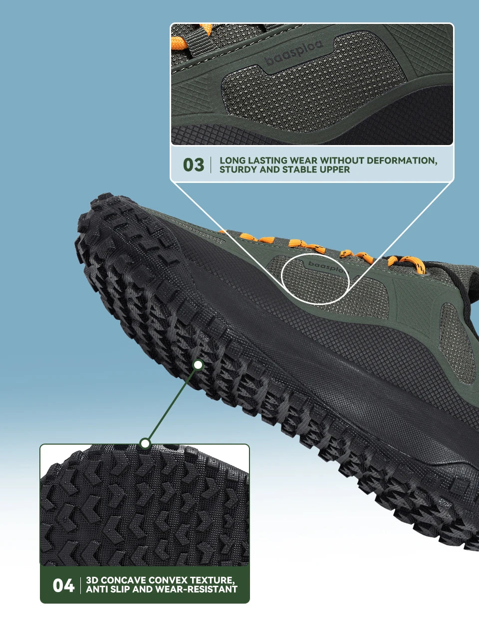 Baasploa Wanderschuhe Herren Outdoor Wasserdicht Camping Beständig Rutschfeste Turnschuhe Männlich Lässig Leichte Schnür-Wanderschuhe.