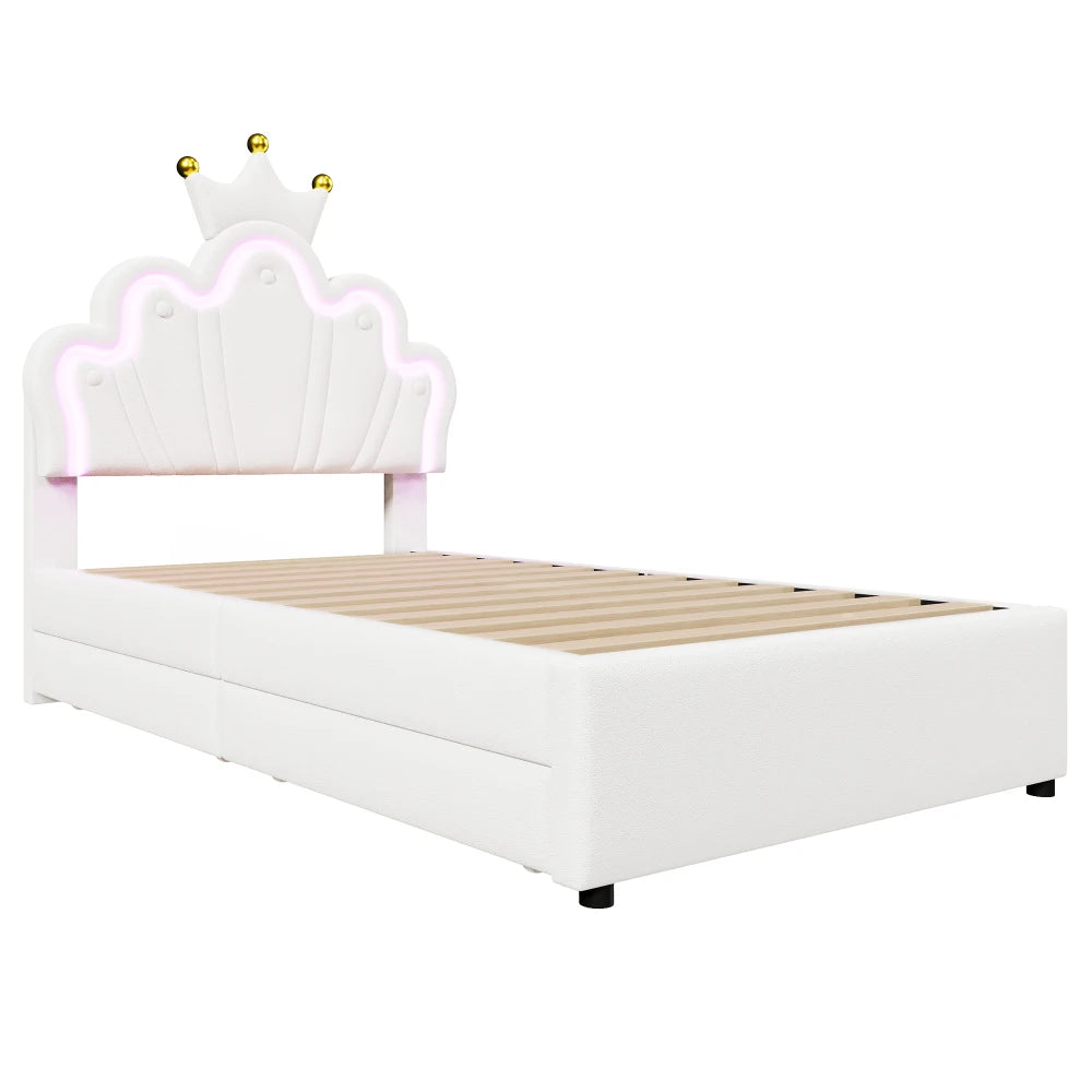 Polsterbett ohne Matratze, ferngesteuertes Umgebungslichtbett mit 2 Schubladen, kronenförmiges Prinzessinnenbett, verstellbarer Kopf, PU, Weiß