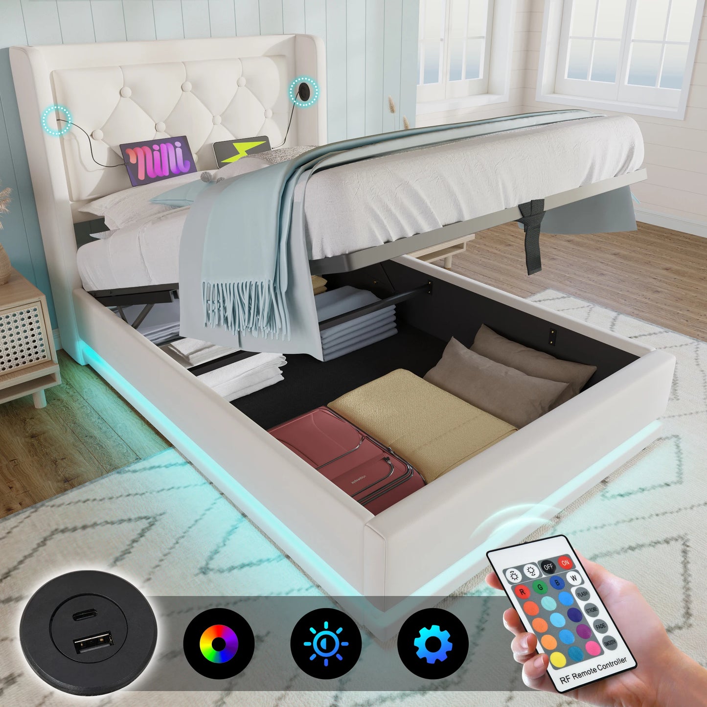 Merax Polsterbett 90x200 Einzelbett USB C Kopfteil 3seitige LED Hydraulikbett Stauraum Weiß PU