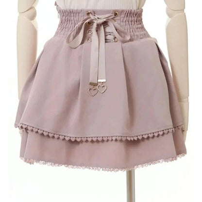Japan Style High Waist Pleated Mini Skirts Bow Knot Design Mini Skirts Kawaii Slim Fit A-line Skirts Pink Lace Skirts For Women.
