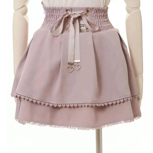 Japan Style High Waist Pleated Mini Skirts Bow Knot Design Mini Skirts Kawaii Slim Fit A-line Skirts Pink Lace Skirts For Women.