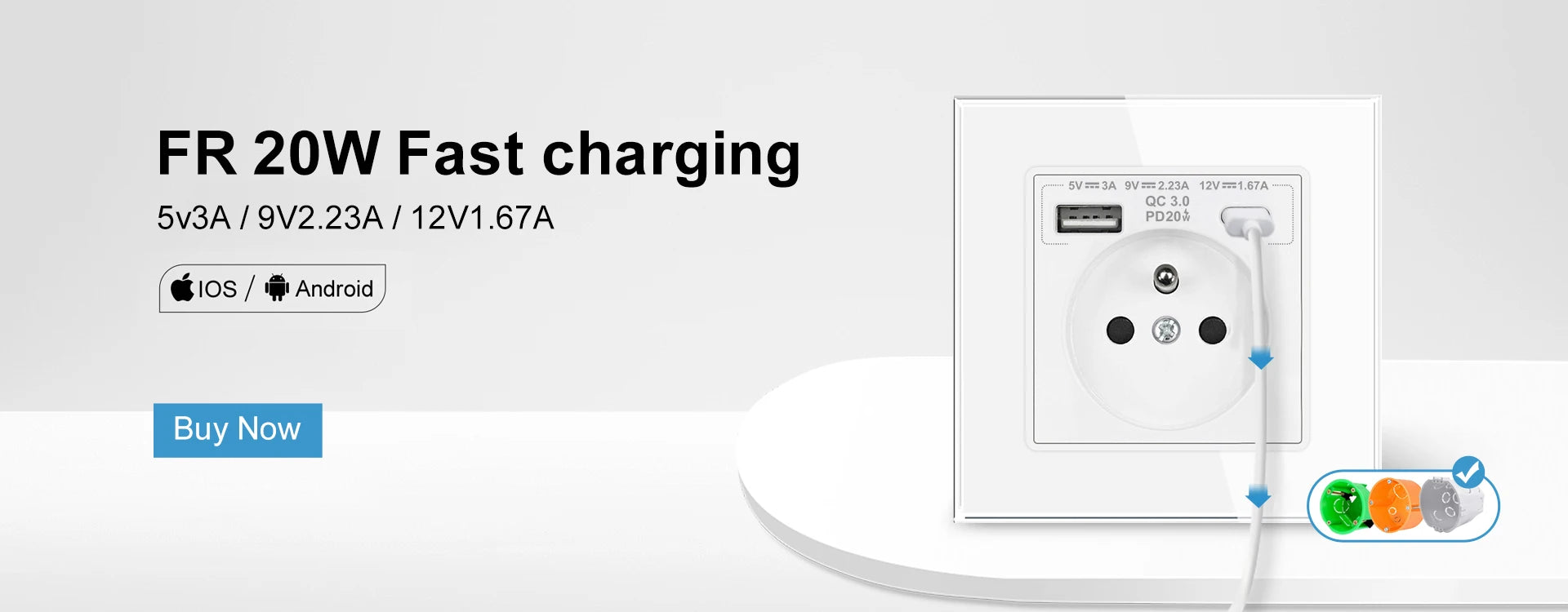 SRAN Französische USB-Wandsteckdose 5 V 2,1 A, Kristall-Hartglasscheibe 16 A 220 V 82 x 82 mm Steckdose Frankreich-Standard mit Abdeckung.