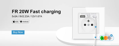 SRAN Französische USB-Wandsteckdose 5 V 2,1 A, Kristall-Hartglasscheibe 16 A 220 V 82 x 82 mm Steckdose Frankreich-Standard mit Abdeckung.