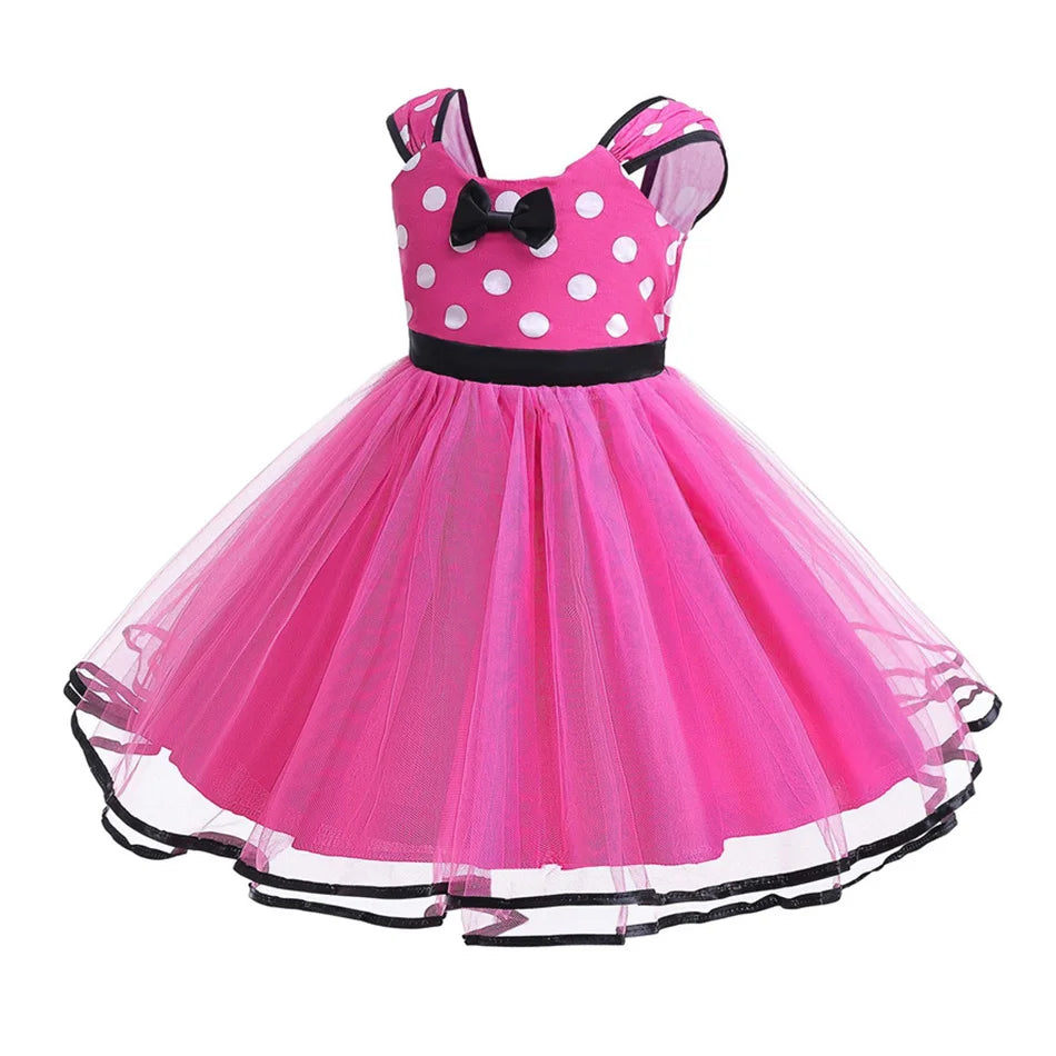 Disney Minnie Maus Polka Dot Kleid Mädchen Rosa Rot Sommer Kleidung Kinder Geburtstag Karneval Weihnachten Party Bogen Mesh Kleid Kostüme.