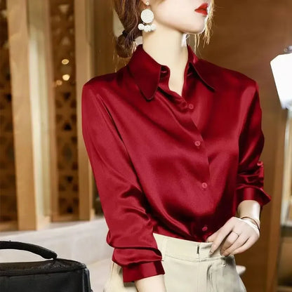 High Quality Silkly Satin Women's Shirt Office Ladies Long Sleeve Blouses Polo Neck Gold shirt Button Luxury Casual women tops
