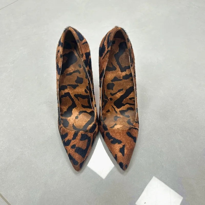 Tikicup Sexy 12cm 10cm Leopard Hairy Grafitti Women Pointy Toe High Heels Design Slip On Stiletto Pumps Party Shoes Plus Size.