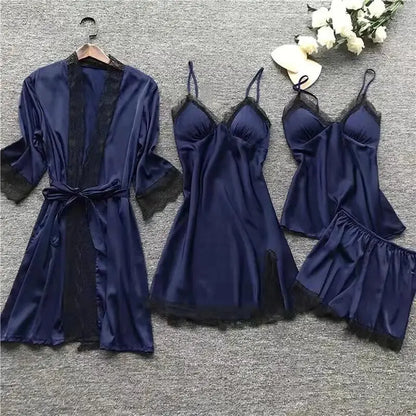 4PCS Nachtwäsche Pyjamas Set Seide Frauen Nachthemd Spitze Kleid Robe Schlaf Nachtwäsche Seide Einfarbig Pijama Sets.