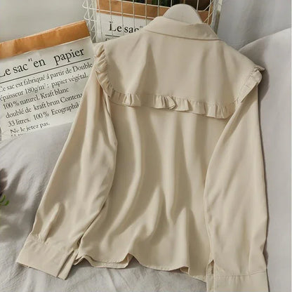 Spring Vintage Women Chiffon Shirts Korean Fashion Lace Up Loose Blouses Y2K Elegant Office Ladies Long Sleeve Outwear Tops New.