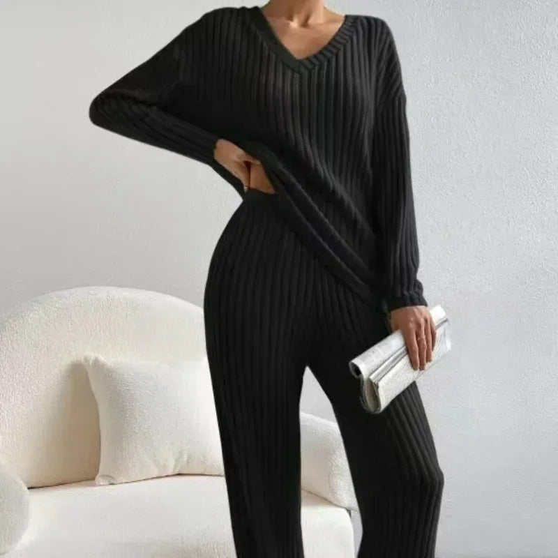 Women's Pajamas Autumn Winter New Casual Straight Pants Pullover Sleepwear Loose V Neck Knitted Home Wear Two Piece Loungewear.
