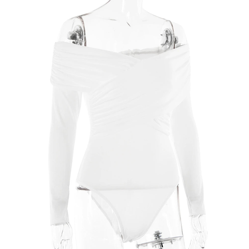 New Solid Sexy Off Shoulder Bodysuits Women Fashion Crossed Folds Skinny Rompers Long Sleeve Fashion Streetwear Autumn Bodysuits