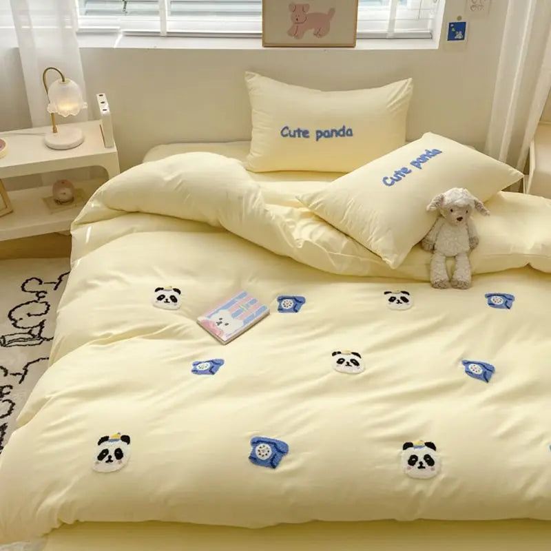 Ins Girly Heart Towel Embroidery Bedding Four-piece Set Soft Washed Cotton Bed Sheet Quilt Cover Three-piece Set
