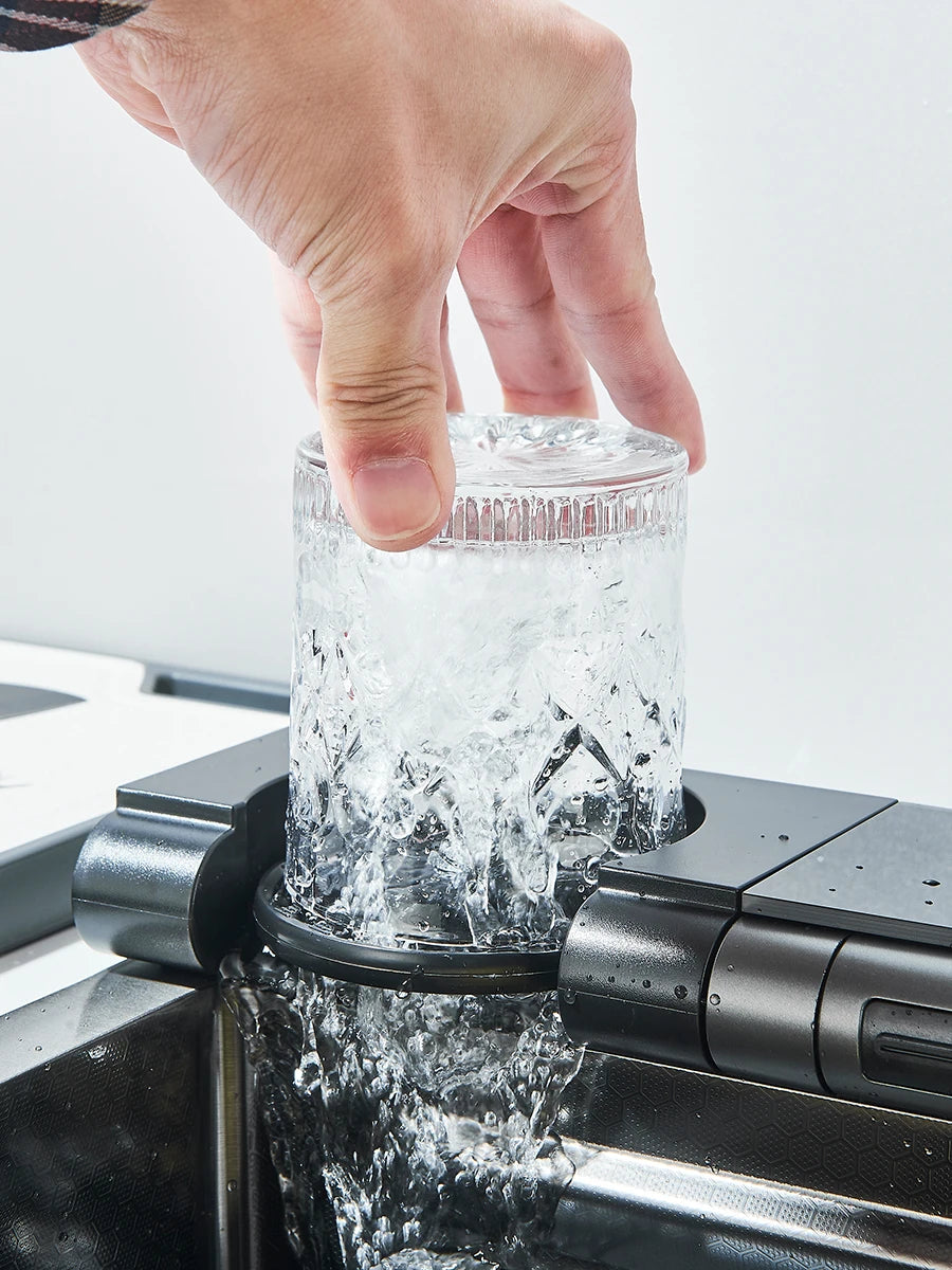 Küchenspüle aus Edelstahl 304, doppelter Wasserfall, Einzelschlitz, integrierte Digitalanzeige, Wasserhahn-Set, Seifenspender, Tassenwascher