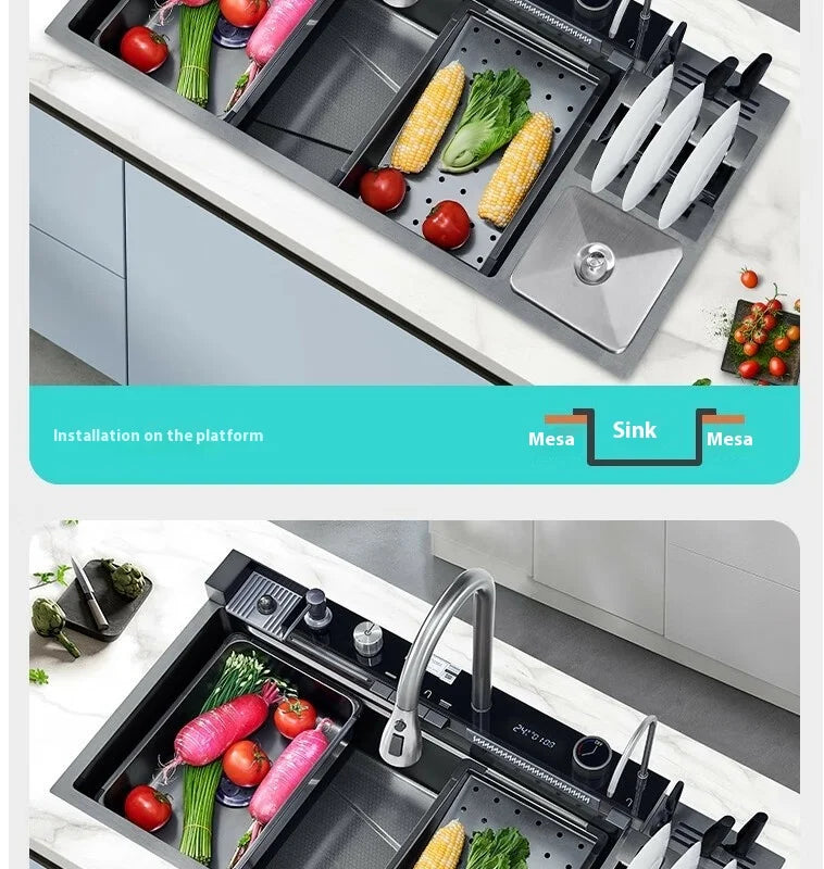 Stainless Steel Kitchen Sink Large Size Single Slot Multifunctional With Trash Can and Drain Rack Household Wash Dish Basin