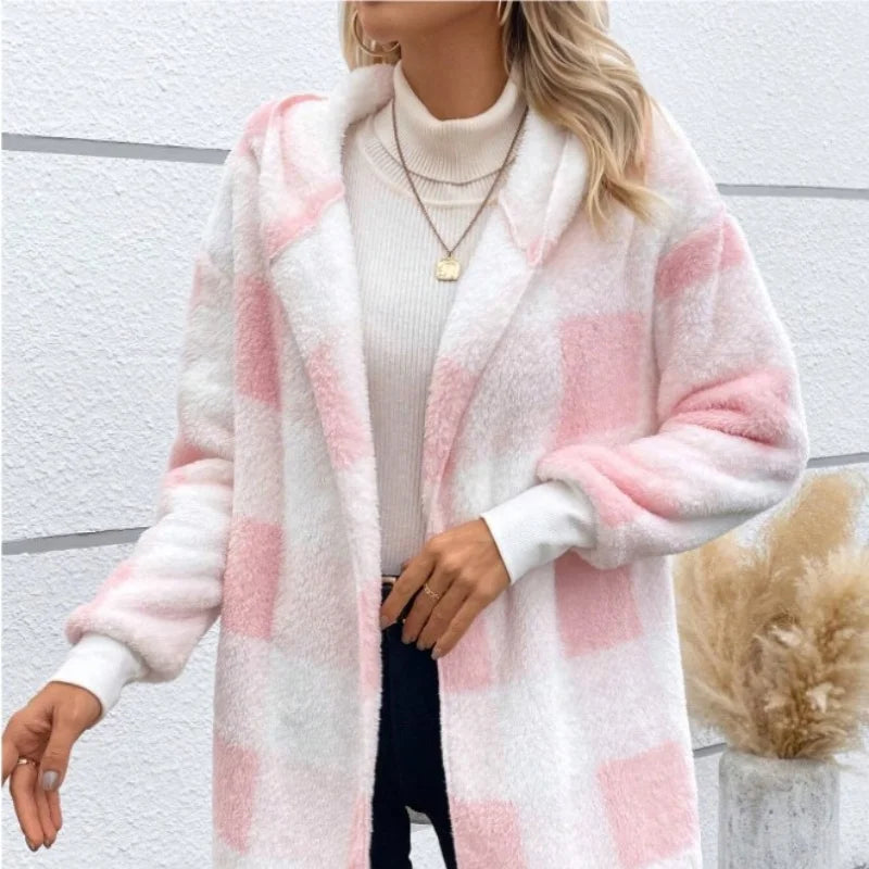 Frauen Herbst Winter Doppel Fleece Plaid Strickjacke Weiche Lose Lange Hülse Plüsch Warme Mit Kapuze Jacke Weibliche Patchwork Oberbekleidung Mantel.