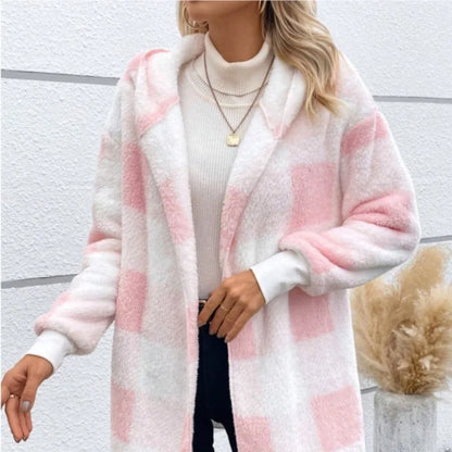 Frauen Herbst Winter Doppel Fleece Plaid Strickjacke Weiche Lose Lange Hülse Plüsch Warme Mit Kapuze Jacke Weibliche Patchwork Oberbekleidung Mantel.